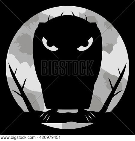 Monster Vampire With Scary Eyes And Sharp Claws On Night Background And Of A Large Pale Moon. Dark S