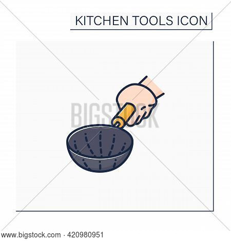 Strainer Color Icon. Basket-shaped Strainer. Kitchen Utensil With A Lot Of Holes. Separate Liquid Fr