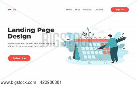 Tiny Man In Front Of Giant Calendar Cartoon Vector Illustration. Person Highlighting Specific Date O