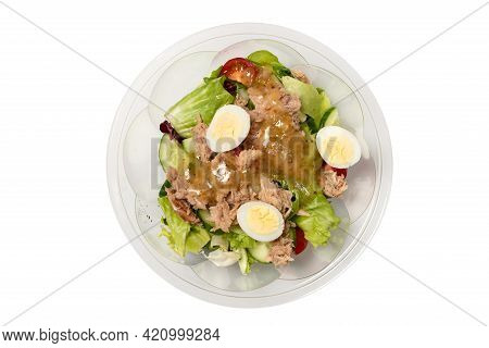 Fresh Tuna Salad With Lettuce, Cucombers, Cherries And Eggs In Plastic Container.  Top View.