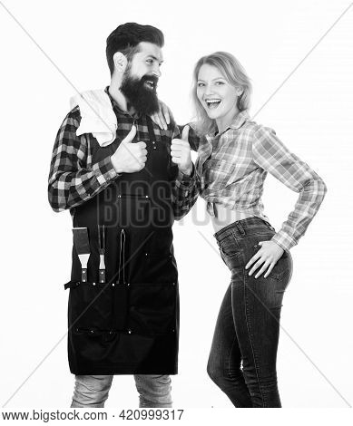 Picnic And Barbecue. Man Bearded Hipster And Girl Ready For Barbecue White Background. Family Bbq Id