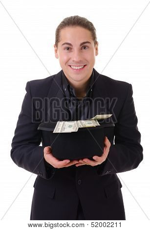 Smiling Man With Money Cash In His Hat