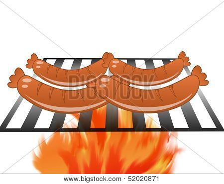 Four Sausages Broil On A Grill