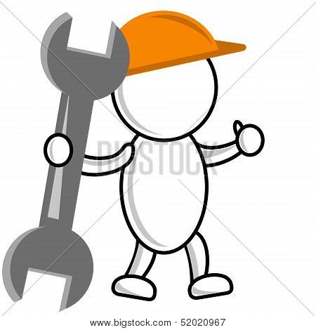 Drawn Man Builder In A Helmet And With A Wrench In Hands