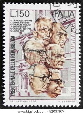 ITALY - CIRCA 1976: a stamp printed in Italy celebrates Thirty years of Italia Republic showing images of first six Italian Republic Presidents. Italy, circa 1976