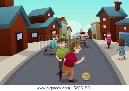 Kids Playing In The Street Of A Suburban Neighborhood