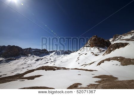 Snowy Plateau And Blue Sky With Sun