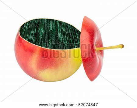 Cut Apple Inside With Green Binary Code