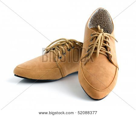 Casual brown leather lady shoes on white
