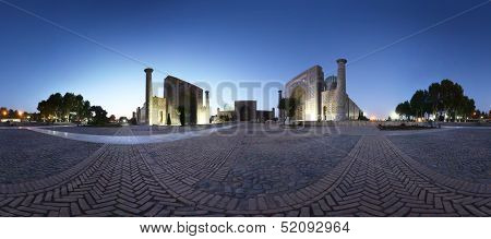 Panorama of Registan square with oriental buildings at twilight. Samarkand, Uzbekistan