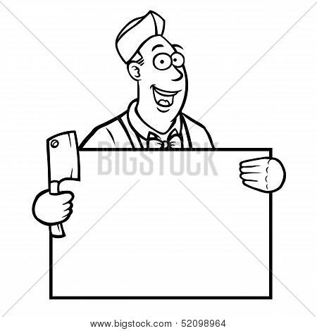 Black and white butcher with a sign