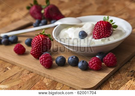 Healthy Breakfast, Sweet Berry Of Raspberries, Strawberries And Blueberries With Yoghurt