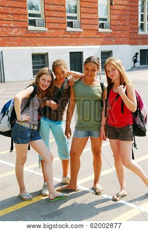 Portrait of a group of young smiling school girls in schoolyard