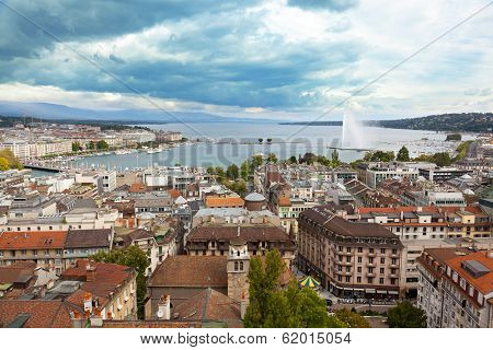 A fountain Jet dEau rises over the waterfront of Lake Geneva