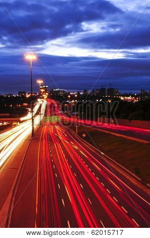 Night traffic on a busy city highway in Toronto