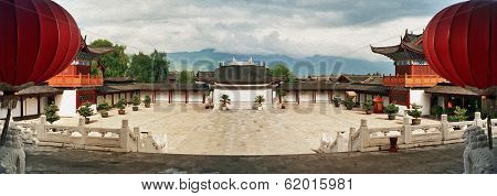 Ornamental Courtyard Of Palace In Lijiang, China, Oil Paint Stylization