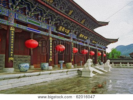 Ornamental Hall Of Palace In Lijiang, China, Oil Paint Stylization
