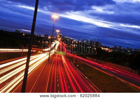 Night traffic on a busy city highway in Toronto
