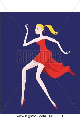 Blonde pige i en rød kjole danse