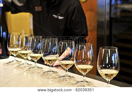 Row of white wine glasses in winery tasting event