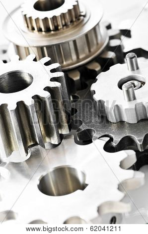 Industrial metal gears and machine parts connected