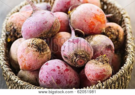 Close up on basket of many whole red and golden beets