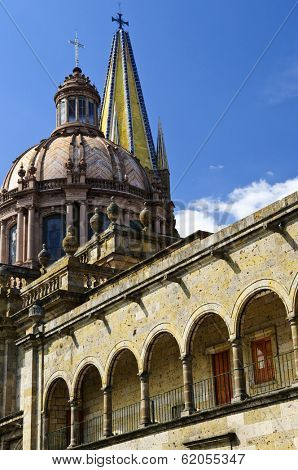 View of the Cathedral from Zocalo in historic center in Guadalajara, Jalisco, Mexico