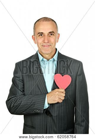 Smiling man holding paper heart isolated on white background