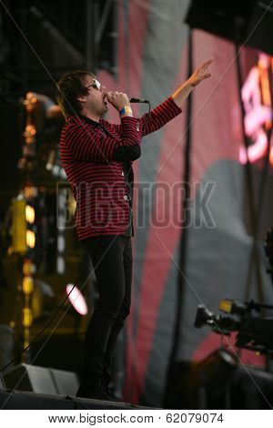 BUDAPEST, HUNGARY - AUG 11: British rock band Kasabian in concert at the annual Sziget Festival in Budapest, Hungary, on Thursday, August 11, 2011. Seen here is lead vocalist Tom Meighan.