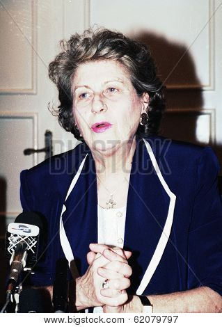 PALE, BOSNIA - JUNE 10: Bosnian Serb president Biljana Plavsic attends a session of the Bosnian Serb parliament in Pale, Bosnia, on Monday, June 10, 1996.