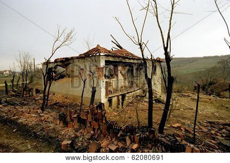 PREKAZ, KOSOVO, 19 MARCH 1998  - The destroyed home of a Kosovar Albanian leader Adam Jasari. The home was destroyed during recent fighting between the KLA and Serbian security forces.