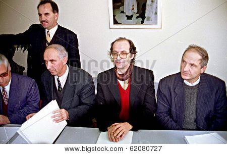 PRISTINA, KOSOVO, 13 MARCH 1998 -  Ethnic Kosovo Albanian leader Ibrahim Rugova, center with glasses, meets with ethnic Albanian leaders at his headquarters in Pristina.