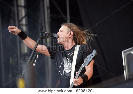 BUDAPEST, HUNGARY - AUG 14: Hungarian heavy metal band Tankcsapda in concert at the annual Sziget music festival  on Saturday, August 14, 2010 in Budapest, Hungary