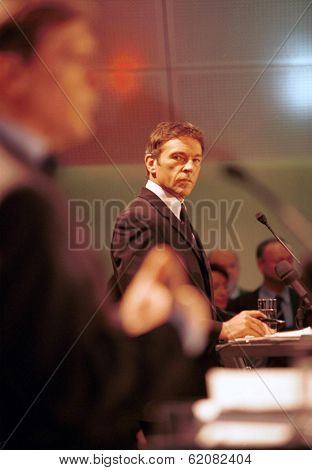 VIENNA, AUSTRIA - FEB 3: Austrian far-right politician Joerg Haider speaks in Vienna, Austria, on Thursday, February 3, 2000. Haider's past admiration for Adolf Hitler drew international criticism. Haider died in 2008.