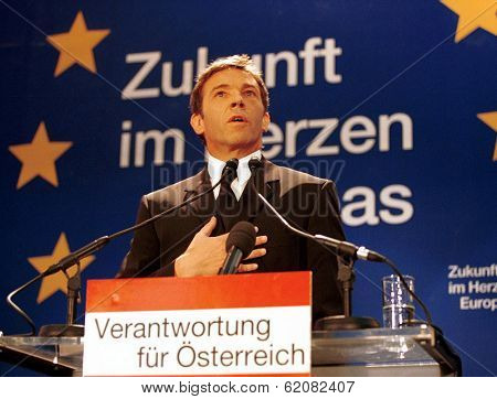 VIENNA, AUSTRIA - FEB 3: Austrian far-right politician Joerg Haider speaks in Vienna, Austria, on Thursday, February 3, 2000. Haider's past admiration for Adolf Hitler drew international criticism. Haider died in 2008.