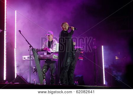 BUDAPEST, HUNGARY, 04 AUGUST 2004 -  The Pet Shop Boys perform in concert at the annual Sziget music festival in Budapest, Hungary. From left keyboarder Chris Lowe and singer Neil Tennant.