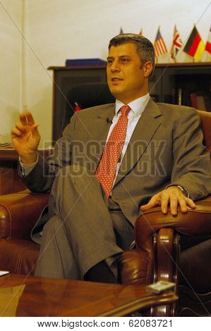 PRISTINA, KOSOVO - DEC 10: Future head of a provincial Kosovo government Hashim Thaci speaks in his office in Pristina, Kosovo, on Monday, December 10, 2007.