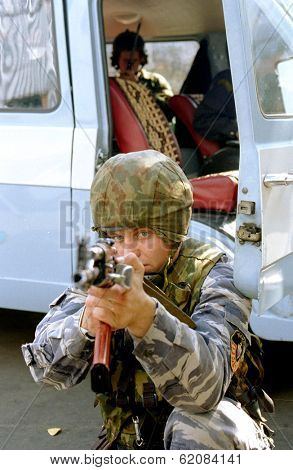 MOSCOW - AUGUST 6:  Russia's elite OMON special police force practice an assault at a training ground in Moscow, Russia, on Sunday,  August 6, 2000.
