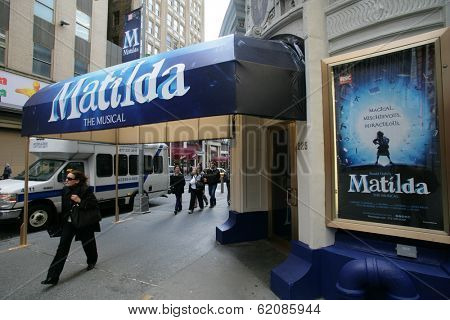 NEW YORK CITY - APRIL 19: People walk past the Shubert Theater featuring the Broadway play Matilda in New York City, on Friday, April 19, 2013.