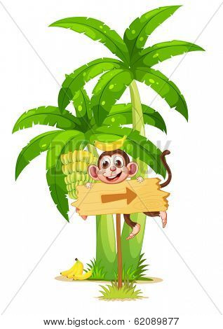 Illustration of an arrowboard with a monkey near the banana plant on a white background