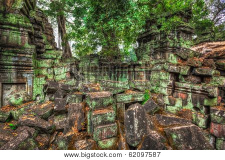High dynamic range (hdr) image of  ancient ruins with trees, Ta Prohm temple, Angkor, Cambodia
