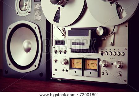 Analog Stereo Open Reel Tape Deck Recorder VU Meter Device Closeup