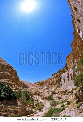 The famous monastery of St. George Cozeba. The temple was built in the valley of Wadi Kelt near Jerusalem. Photo taken by lens Fisheye