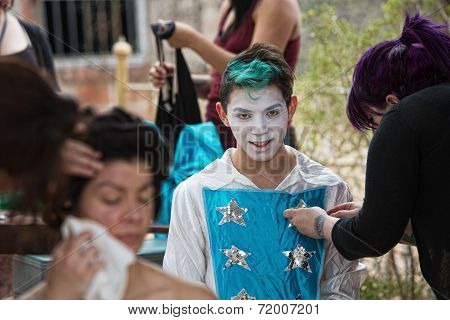Cheerful Performer With Green Hair