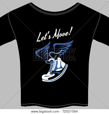 Black T-shirt printed with a winged sneaker