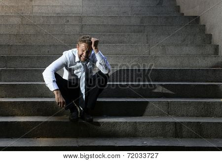 Businessman Crying Lost In Depression Sitting On Street Concrete Stairs