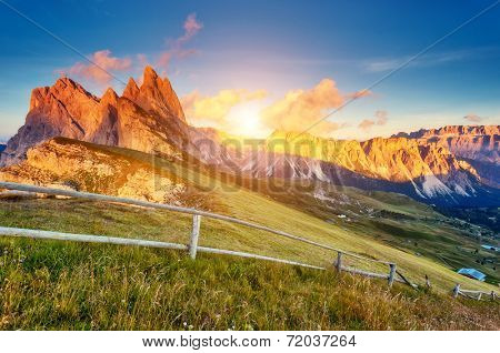 View on the  Odle - Geisler group and Pizes de Cir ridge. National Park valley Val Gardena. Dolomites, South Tyrol. Location Ortisei, S. Cristina, Italy, Europe. Dramatic morning scene. Beauty world.