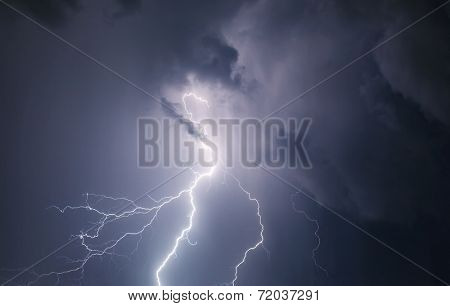 Dark ominous clouds. Thunderstorm with lightning.