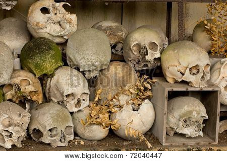 Inside the ossuary of Marville, France, with thousands of ancient skulls of 19th century and older