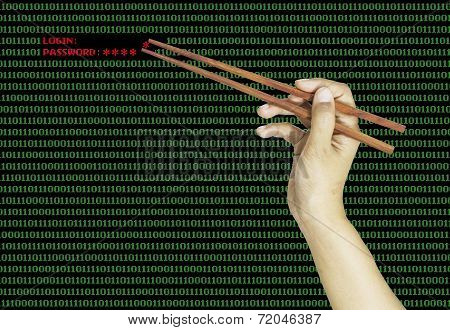 Hand Using Chopsticks To Pinch The Last Password On Binary Computer Code Background